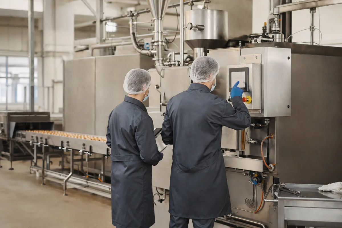 Industrial engineers calibrating a food production line
